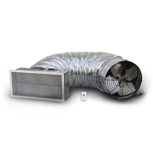 whole house fan mounted in the attic of a home in Auburn, California, with open windows and cool air circulating throughout the interior